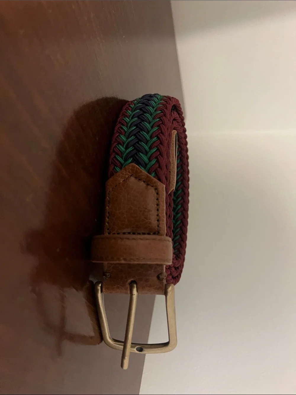 Leather-Trim Woven Belt in Brown with Green & Navy Accents